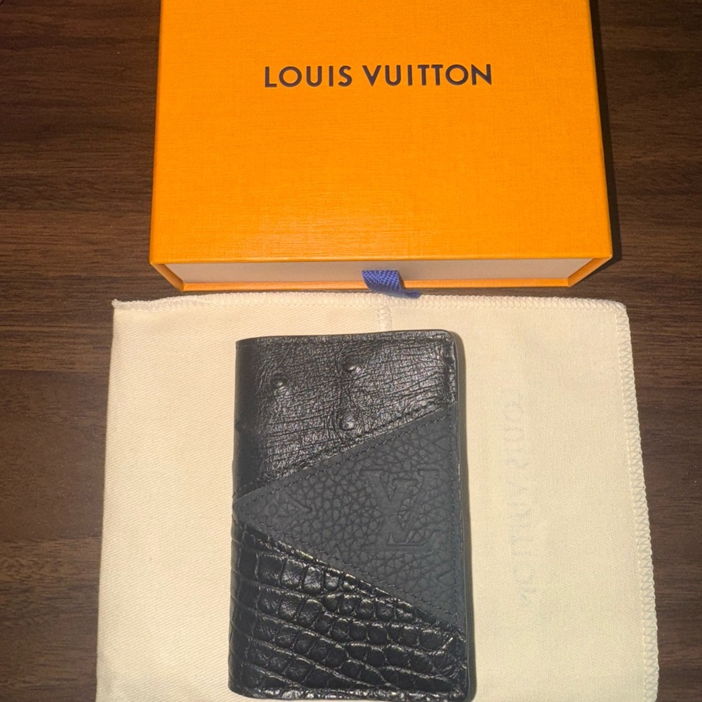 Louis Vuitton Black Crocodile Ostrich Monogram Eclipse Pocket Organizer Wallet